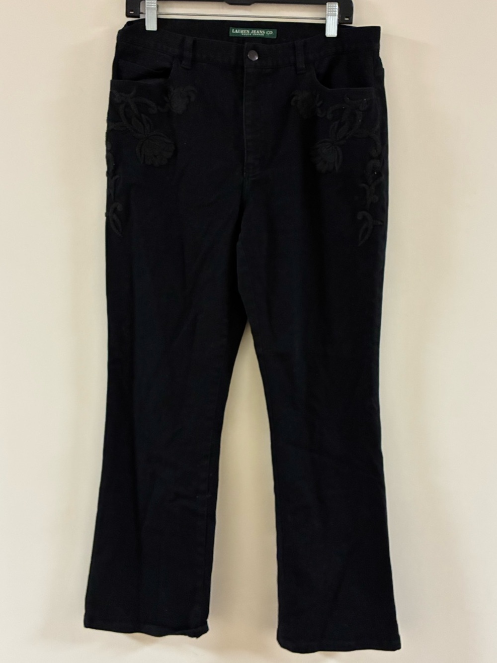 Ralph Lauren Black Flare Jeans – Embroidered Detail – Size 12